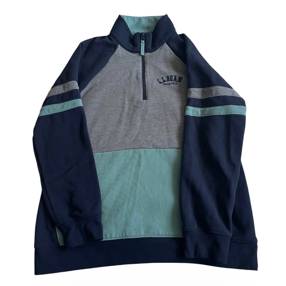 LL Bean Mens Medium Quarter Zip Sweatshirt Colorblock Navy Grey Blue 518432